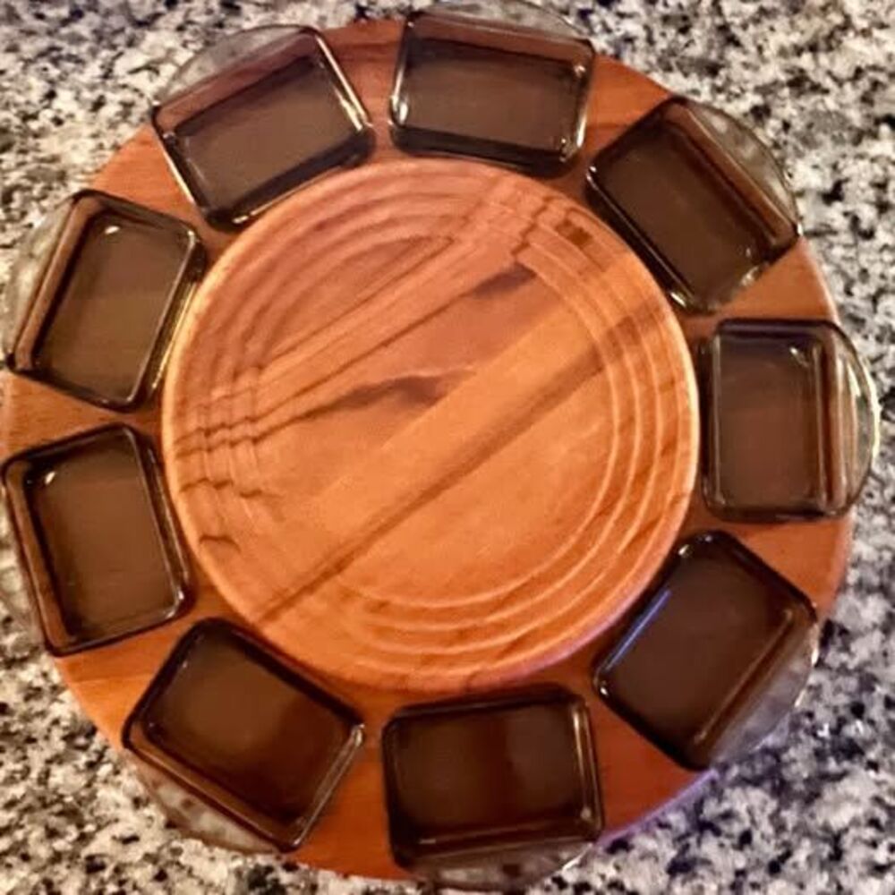 Vintage MCM Digsmed Danmark 304 Teak Lazy Susan – 9 Holmegaard Glass Dishes